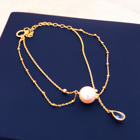 パールとアクアマリンの2連ブレスレット 全体図 K10イエローゴールド 真珠 アクアマリン 写真3