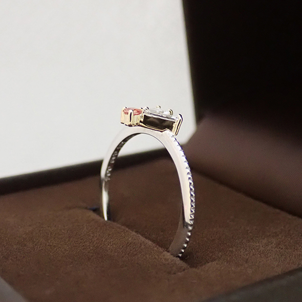 栖(スミカ)#5-2 全体の側面図 Pt900 K14イエローゴールド SV925 ダイヤモンド ピンクサファイア 写真4