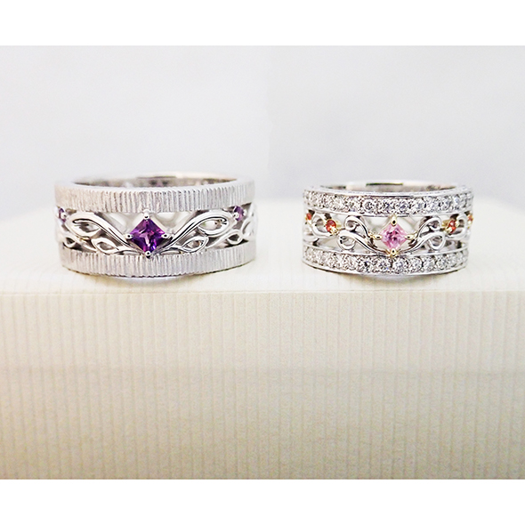 ピンクサファイアとアメジストのマリッジリング